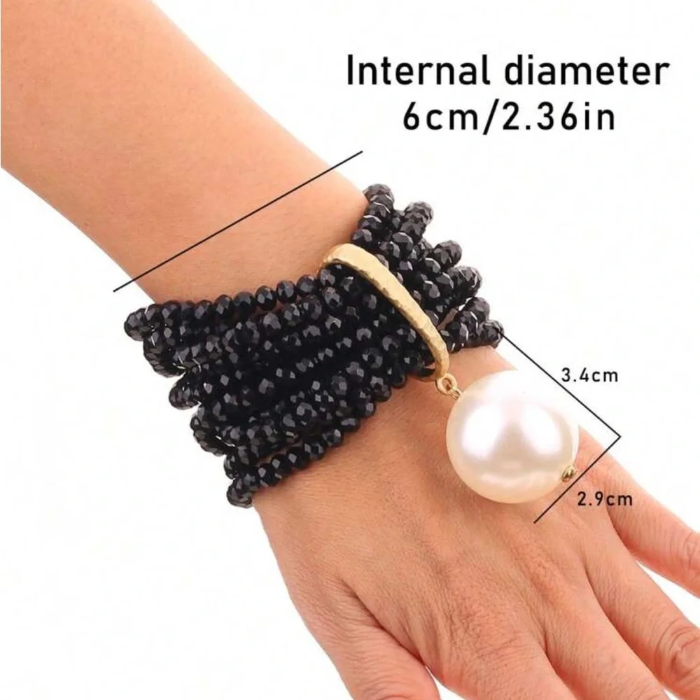 Statement Multi-Layer Black Crystal Beaded Exaggerated Pearl Accent Bracelet - Picture 9 of 10